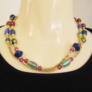 Multicolored Long Necklace-Beads-Goldtone Chains